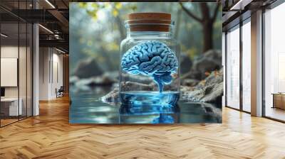 a brain inside a glass jar, submerged in tranquil blue water, modern vector style, soft grays and blues create a sense of mental entrapment, smooth lines and subtle ripples Wall mural