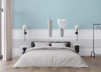 a white dental implant lying flat two standing upright on a white surface advanced dental technology minimalist and clean background perfect for health care and treatment im Wall mural