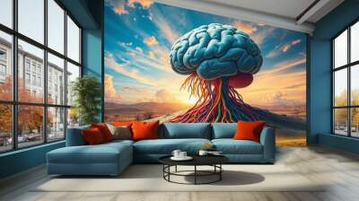 artistic portrayal of a brain with colorful roots extending into a surreal landscape illustrating the interconnectedness of thoughts and emotions against a vibrant sky Wall mural