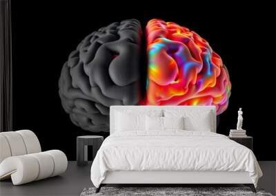 brain cut in two left side gray and monotonous right side alive with bright colors and light solid black background illustrating the stark contrast between the two sides Wall mural