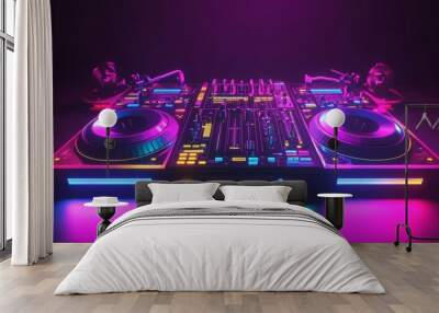 Futuristic Digital 3D DJ Turntable with Neon Lights in Energetic 3D Music Background - Innovative Concept for DJ Entertainment Wall mural