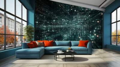 Futuristic Holographic Projections of Neural Networks Data on Dark Background Wall mural