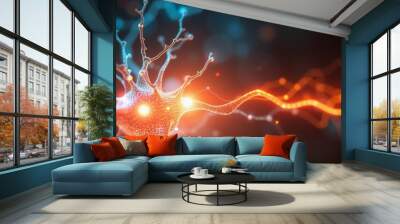 single neuron firing bright neon pulse binary code streaming abstract technology biology Wall mural