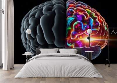 The gray dull left brain transitions to a vibrant colorful right brain with radiant light all set against a dark black backdrop for enhanced contrast Wall mural