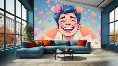 vibrant vector illustration of a person smiling surrounded by colorful hearts and stars radiating joy and happiness soft pastel hues create a cheerful atmosphere Wall mural