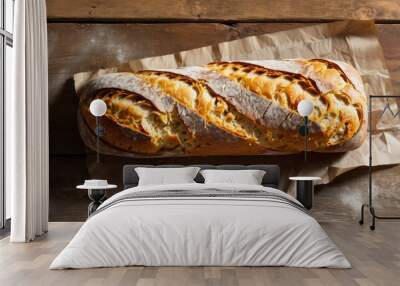 wholemeal bread loaf viewed from above, warm golden hues, rustic crust, clean wooden surface with ample free space in the center for adding text Wall mural