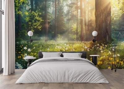 A nature background featuring a dense forest with tall trees, dappled sunlight, and a carpet of wildflowers, capturing the tranquil and untouched beauty of the natural world, ideal for eco-friendly Wall mural