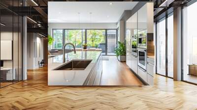 A spacious and bright interior design of a modern kitchen with a large island, stainless steel appliances, white cabinetry, and a few plants adding a touch of greenery --ar 16:9 --q 2 Wall mural