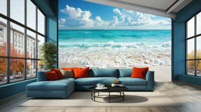 A tranquil beach background with soft white sand, gentle waves, and a clear blue sky, capturing the serene beauty of a tropical paradise, perfect for travel promotions, summer themes, and relaxation Wall mural