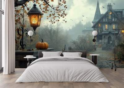 Spooky Halloween Village with Cobblestone Path Jack o lantern Lantern and Pumpkin Wall mural