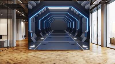 3D rendering  furnished Spaceship black interior with blue light,tunnel,corridor, futuristic front view Wall mural