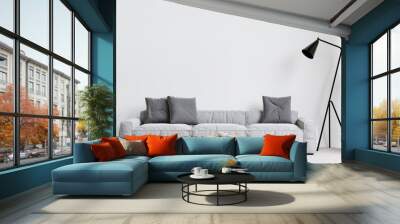 big white living room.interior design,gray sofa,lamp,wooden table,carpet wall for mock up and copy space Wall mural