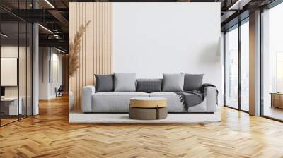 big white living room.interior design,grey sofa,lamp,wooden table,carpet wall for mock up and copy space... Wall mural