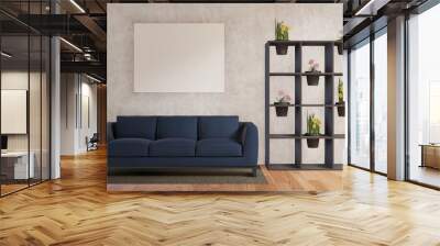 Living room with sofa ,flowers, concrete wall ,wooden floor 3d rendering Wall mural