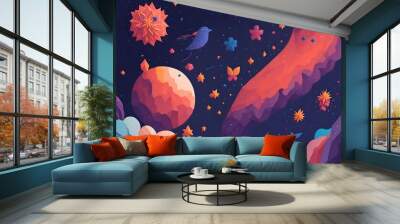 A detailed illustration of the galaxy with stars and crystals, fantasy flower splashes, pastel tetradic colors of red, orange and blue flora, landscape made with Generative AI. Wall mural