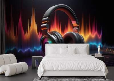 Colorful audio spectrum visualization with a headphone, horizontal composition Wall mural