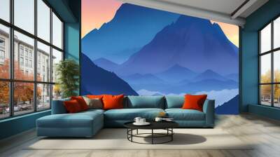 Misty mountains at sunset in blue tone, vertical composition Wall mural