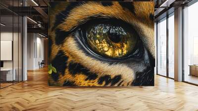 Close-up of a majestic jaguar's eye reflecting its environment, showcasing the intricate patterns and intense gaze of this beautiful wild animal. Wall mural