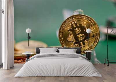 Bitcoin is on green background Wall mural