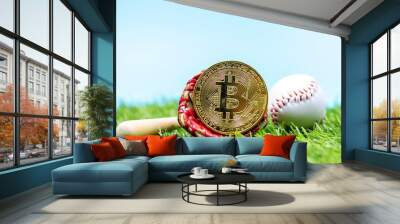 Bitcoin with baseball are on blue sky background Wall mural