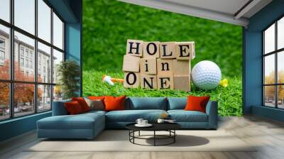 Hole in one wooden black with golf ball are on green grass with tee. n golf, a hole in one or hole-in-one (also known as an ace, mostly in American English) occurs when a ball hit from a tee to start  Wall mural