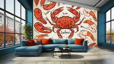 seafood hand draw on vintage background. crab & lobster. hand dr Wall mural