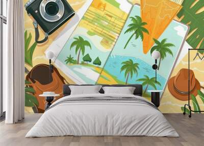 A travel book with a picture of a beach and palm trees. A camera is on the table next to the book Wall mural