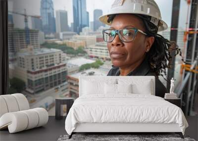 African American woman in a construction helmet and workwear, standing on a high floor of a skyscraper, overseeing a cityscape. The background showcases buildings and construction cranes, Wall mural