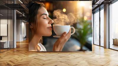 Female savors aroma of steaming coffee, eyes closed in tranquil city cafe ambiance.  Woman in blissful serenity inhales scent of hot beverage, basked in soft glow of sunrise. Wall mural