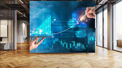 Digital marketing of Sales and Economic growth graph chart. Man's hand holding pen and point to chart on virtual screen. Wall mural