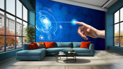 Man's hand touching a virtual screen controlling smart home automation assistant. Smart home concept Wall mural