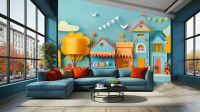 Bright colorful paper cut of a neighborhood block party Wall mural