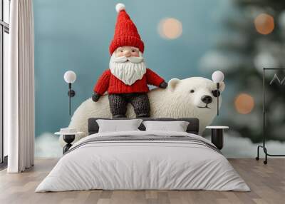 Christmas gnome riding a polar bear, winter landscape, 3D illustration Wall mural