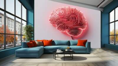 Futuristic digital brain with a neon circuit board pattern, symbolizing artificial intelligence and advanced technology innovation. Wall mural