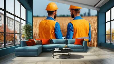 Two agricultural workers analyzing data in wheat field with safety gear amidst industrial background Wall mural