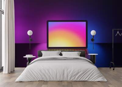 Colorful screen laptop computer placed on table with pink and blue lighting background. 3D illustration image. Wall mural