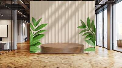 Cosmetic display product stand, Wood cylinder and cream wall with green leaf background. 3D rendering illustration Wall mural