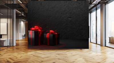 Digital product background. Two black gift box with red bow ribbon on texture concrete black background. 3D illustration rendering. Wall mural