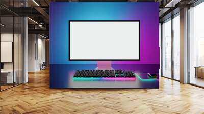 Game room computer desktop with blue purple lights on the background and curtain, Modern PC computer white screen mockup, gaming keyboard. 3d rendering illustration Wall mural