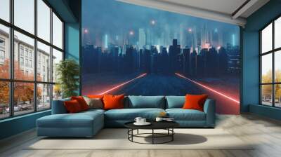 Neon dark city with red light technology background. cyber punk style. 3D illustration rendering. Wall mural