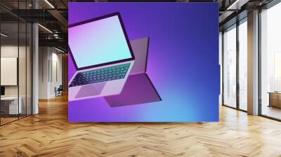 Two Laptop computers show blank screen with pink purple and blue light background. 3D Illustration image Wall mural