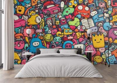 Cute Cartoon Characters and Colorful Cars in Doodle Style, pattern design Wall mural