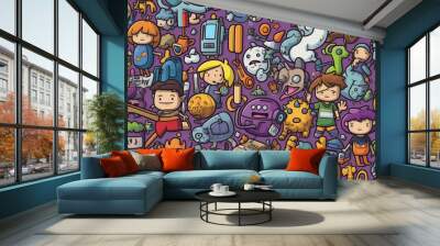 Cute cartoon doodles seamless pattern Wall mural