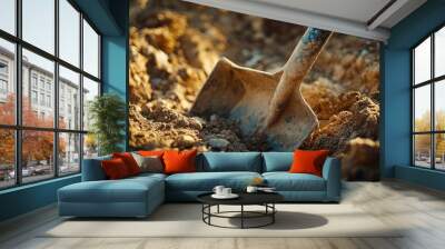 Digging with Shovel in Soil, Capturing the Essence of Physical Work in Construction Wall mural