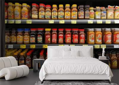 Grocery Aisle with a Vibrant Selection of Condiments and Sauces on Display Wall mural