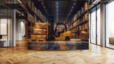 High-tech warehouse as forklifts zip around, ensuring smooth operations Wall mural