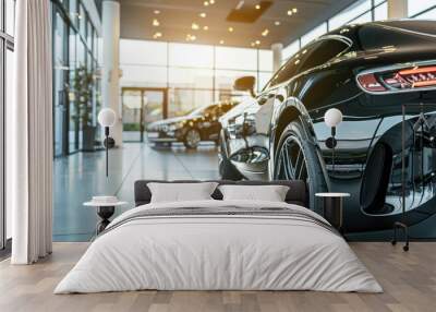 Showroom Display of Luxurious Black Car at Car Dealership Wall mural