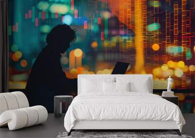 Silhouette of Man Analyzing Stock Chart on Laptop Wall mural