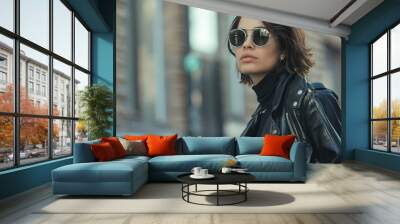 Stylish Urban Woman Wearing Leather Jacket and Sunglasses Wall mural