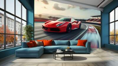 Supercar Driving at High Speed on Circuit Track Wall mural